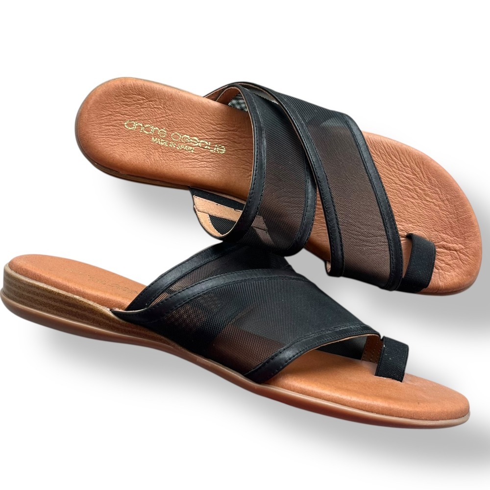 Andre Assous 9 Black Mesh Straps Leather Footbed Nina Flat Sandals Slip On Spain